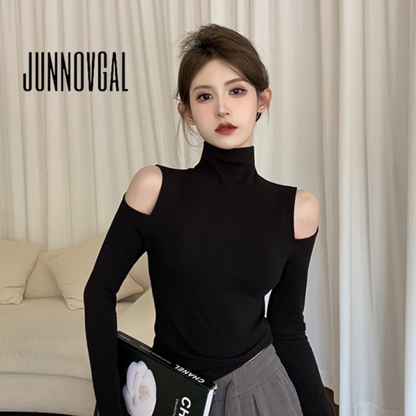 Áo thun nữ JUNNOVGAL tay dài hở vai cổ cao nửa thời trang mới 2023