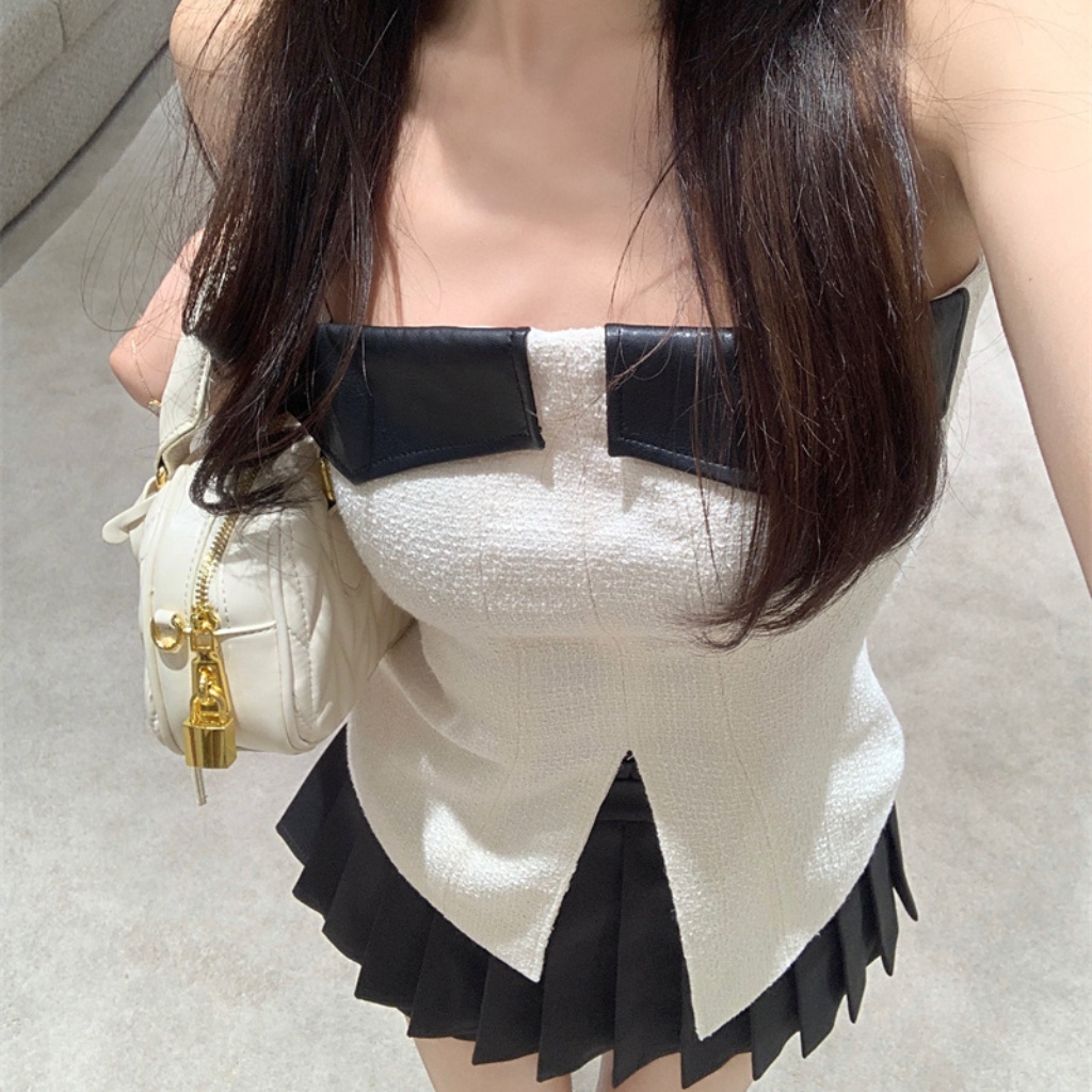 Quý Cô Mùa Hè Áo Ống Dây Thắt Lưng Áo Không Tay Bằng Da Chắp Vá Thời Trang Và Gợi Cảm