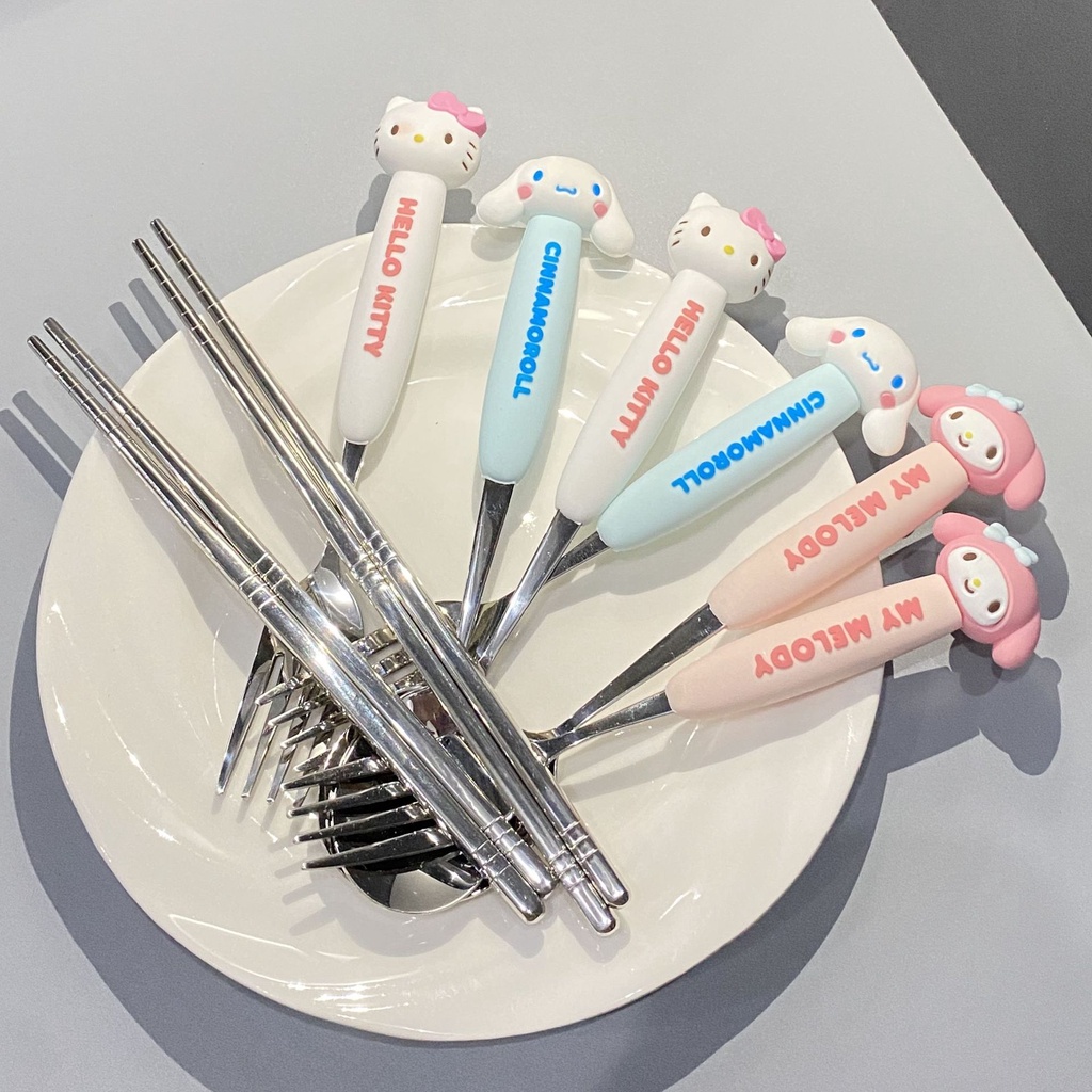 Sanrio Bộ Muỗng Nĩa Đũa Bằng Thép Không Gỉ Hình hello kitty