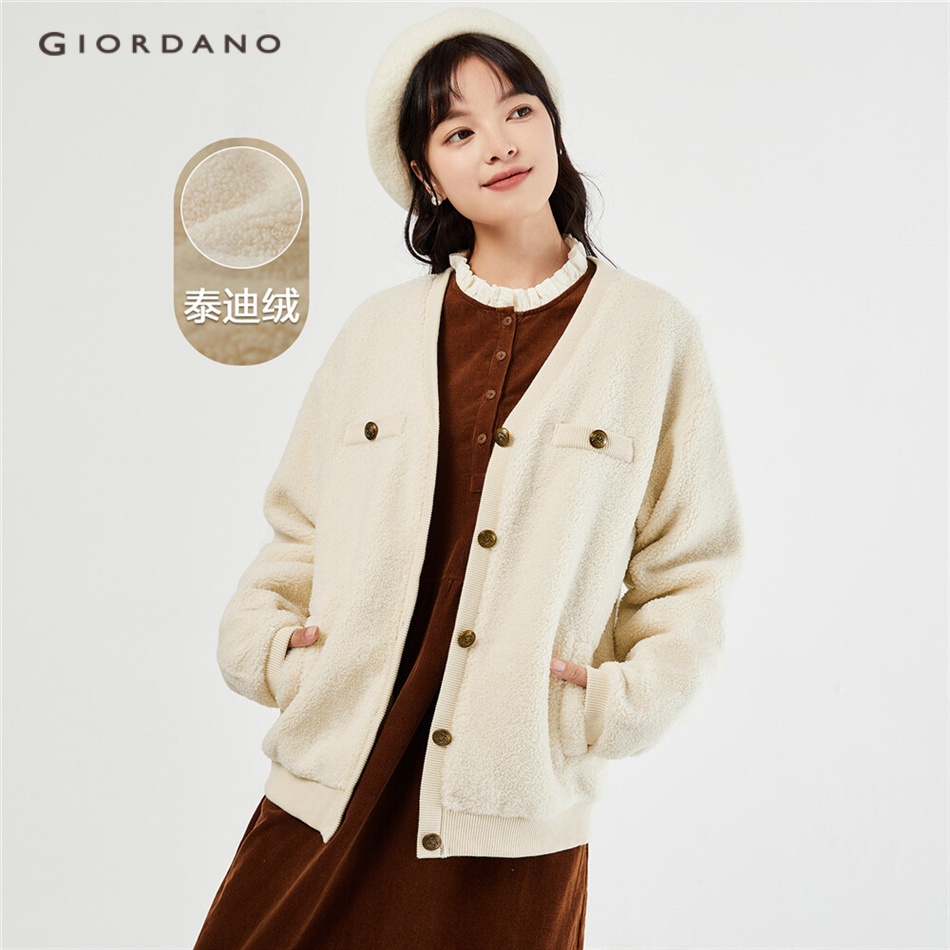 GIORDANO WOMEN Teddy fleece v-neck loose jacket 05373867