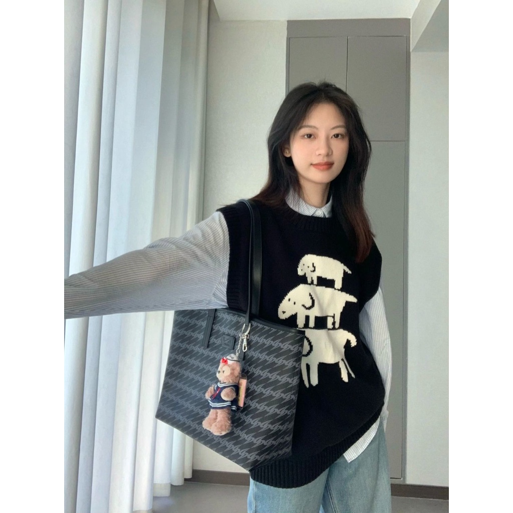 Set Áo Len Không Tay + Áo Sơ Mi Kẻ Sọc Dài Tay + Áo Khoác Ghi Lê Thời Trang Nữ