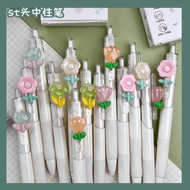 Bút Bi Bấm deli dupe gắn charm hoa nhí Mực Gel Đen Ngòi 0.5mm đáng yêu