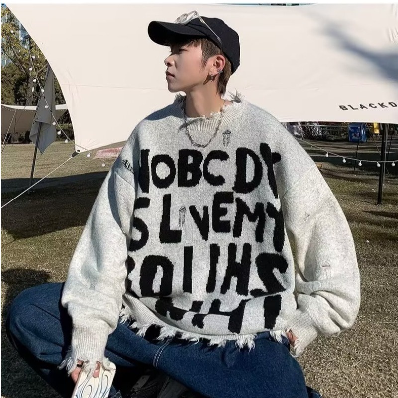 Áo sweater Dệt Kim Tay Dài Dáng Rộng In Chữ Kiểu Hồng Kông Thời Trang Thu Đông Cho Nam