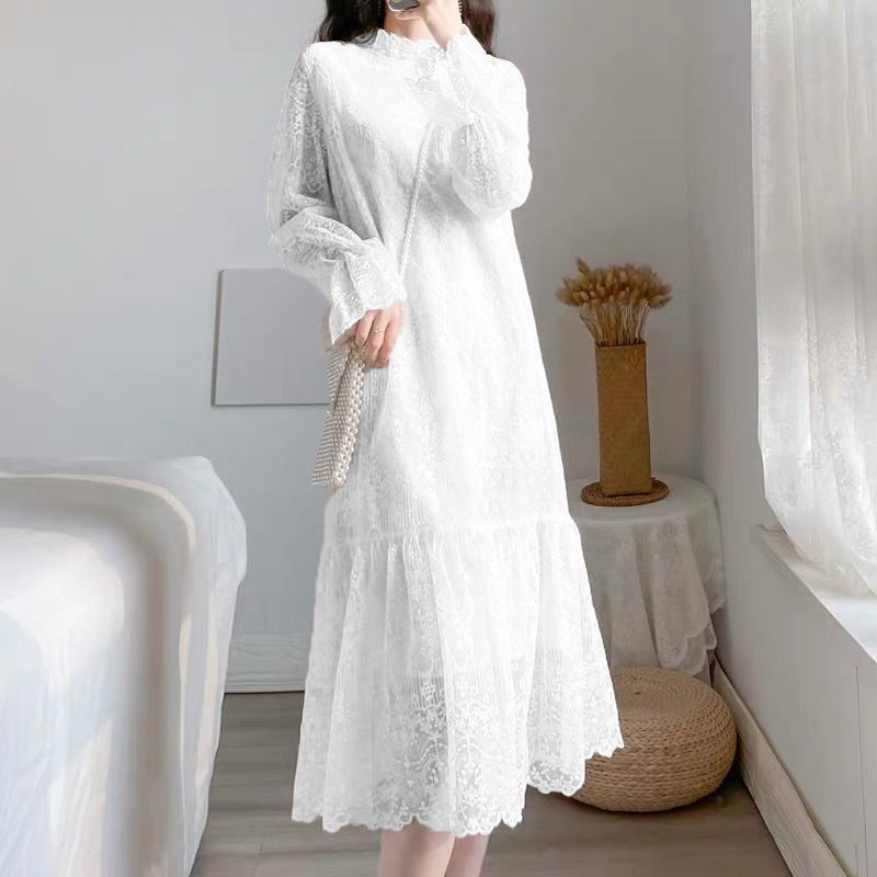 Đầm Xòe Dài Trung Bình Tay Dài Vải Nhung Dày Phối Ren Phong Cách Mới