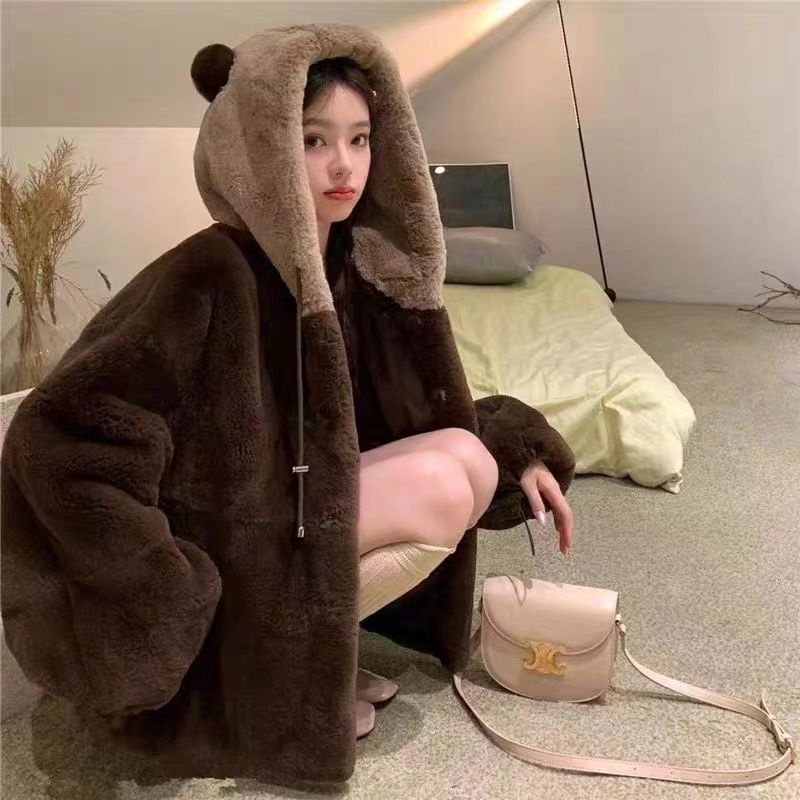 Dễ Thương Áo Khoác Giả Lông Thỏ Có Mũ Trùm Đầu Phong Cách Thời Trang Thu Đông 2023