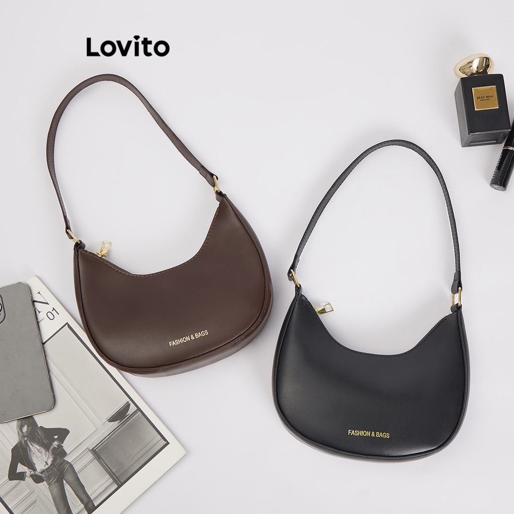 Túi tote Lovito đeo vai màu trơn đơn giản thường ngày cho nữ L66AD030 (màu nâu/đen)