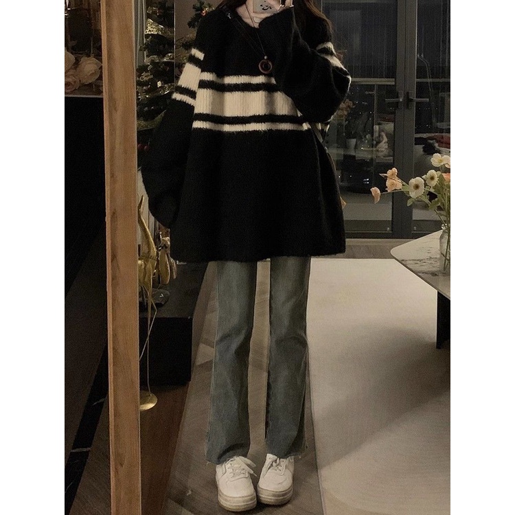 Đen Áo sweater Kẻ Sọc Dáng Rộng Thời Trang Thu Đông Dành Cho Nữ