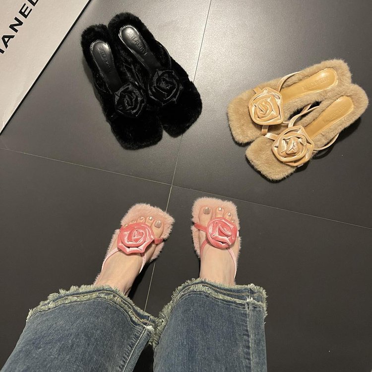 Dép Cao Gót Mũi Vuông Phối Lông Cừu Xinh Xắn Dành Cho Nữ / size 35-40