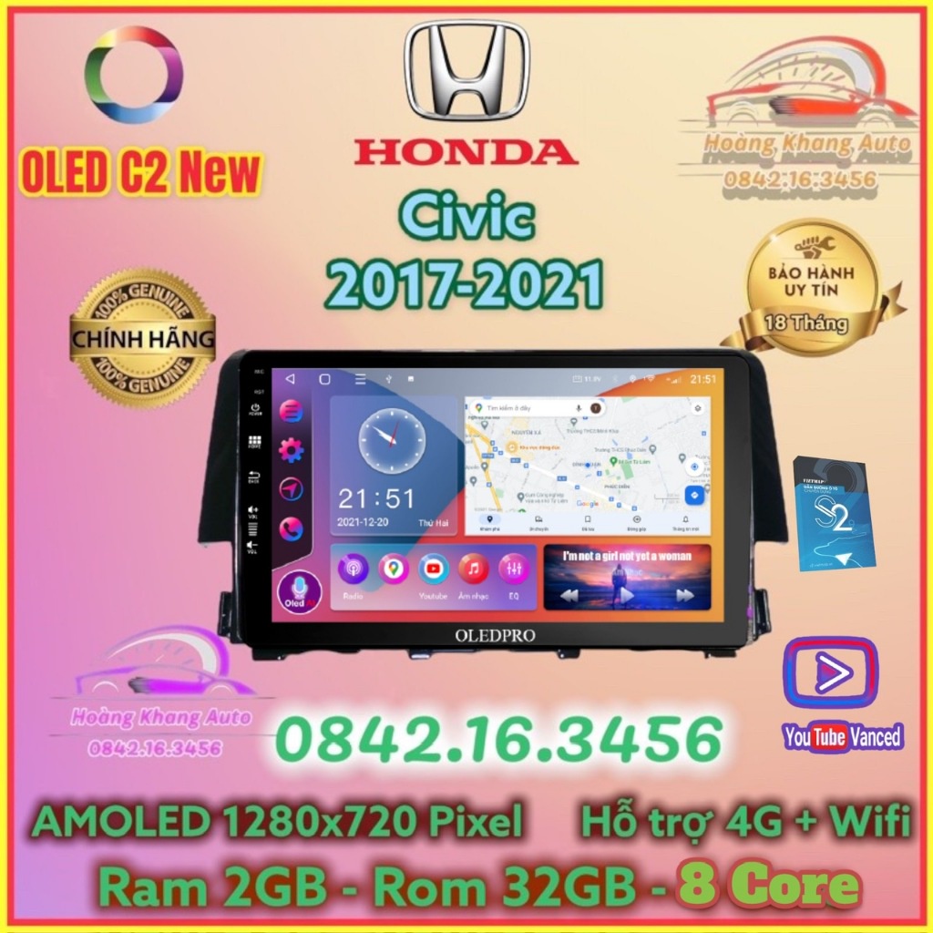 Màn hình Android OLED C2 New Theo Xe HONDA CIVIC 2017 - 2021, 9 inch kèm dưỡng và canbus + jack zin theo xe .