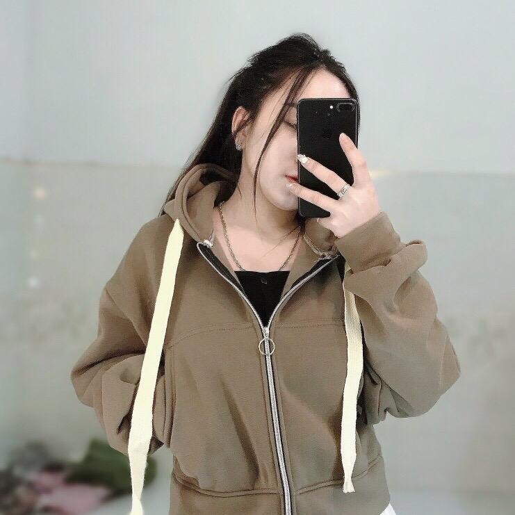Áo khoác nữ lửng nỉ cotton nón rộng dây nón to
