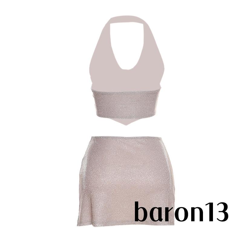 Xo8k-bộ Áo Sát Nách Hở Lưng Sáng Bóng + Chân Váy mini Ôm Dáng Mùa Hè Cho Nữ