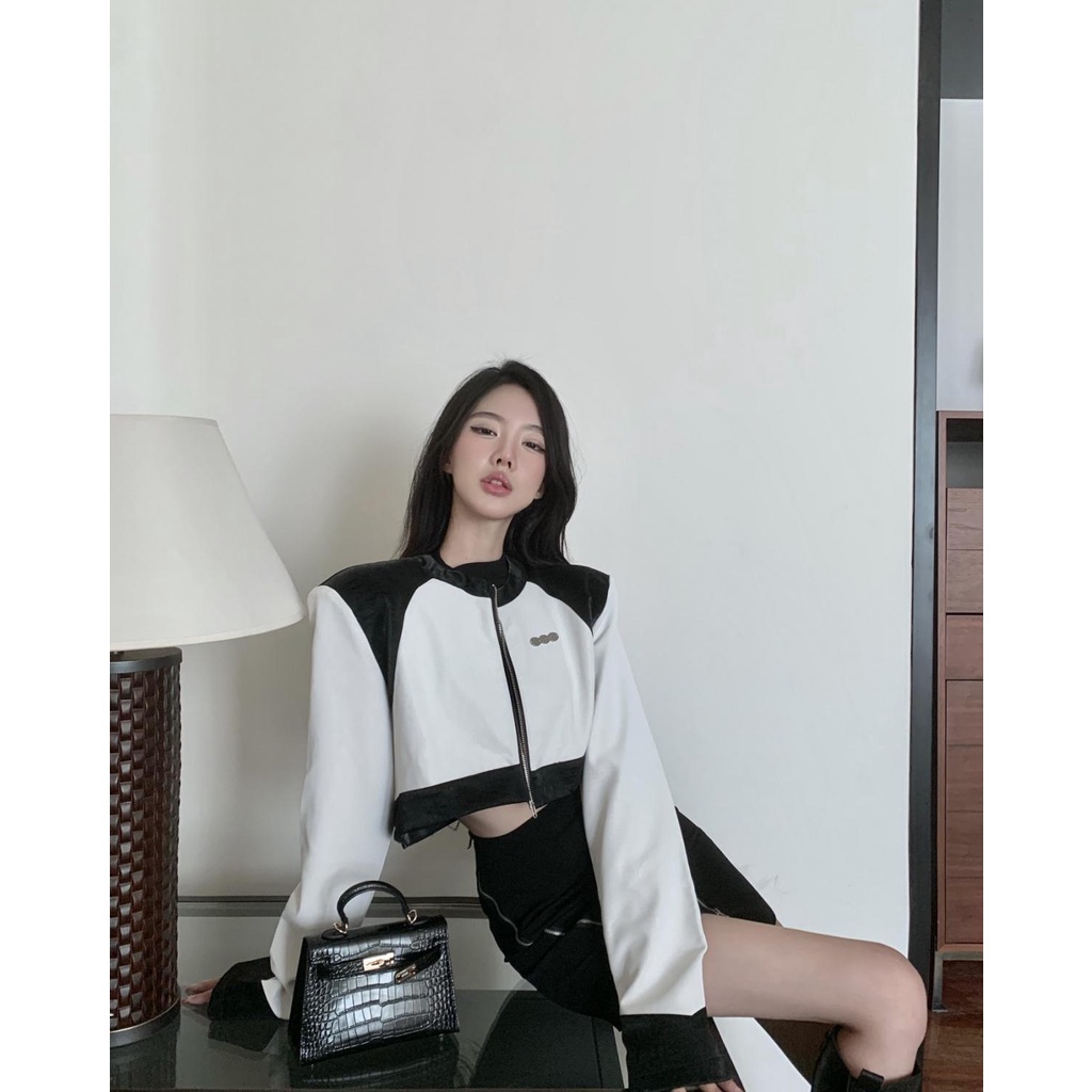 Set Áo Khoác Da + Chân Váy Lưng Cao Màu Sắc Tương Phản Thời Trang Mùa Xuân Cho Nữ