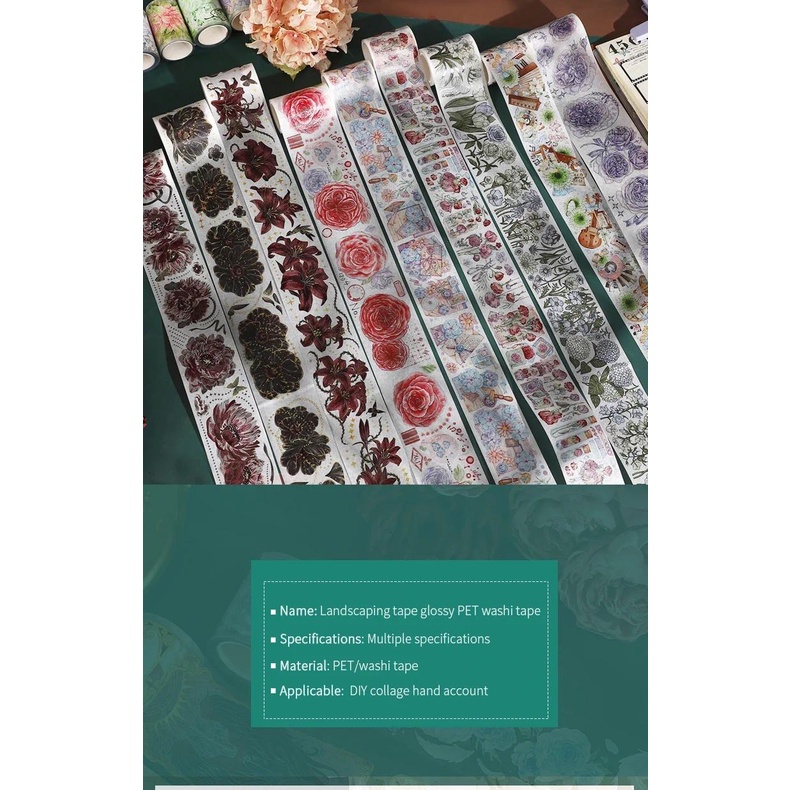 Cuộn Băng washi 200cm / 500cm Họa Tiết Hoa vintage Trang Trí Đa Ứng Dụng