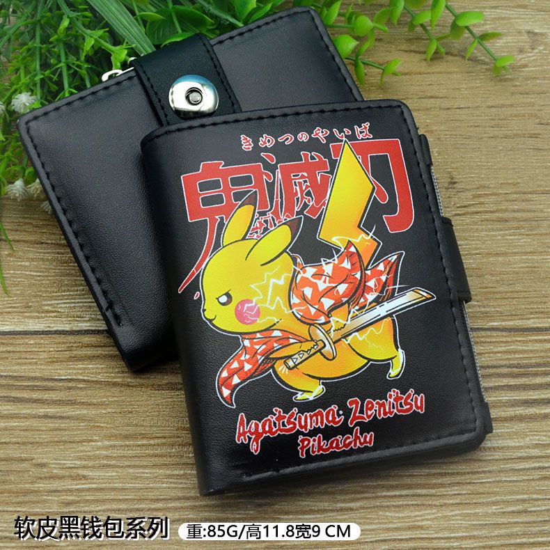 Dễ Thương Ví Da pu Ngắn Màu Đen Có Khóa Kéo In Hình pikachu Đáng Yêu