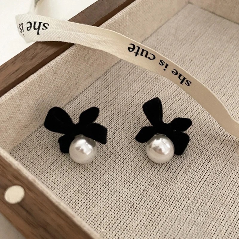 Thời Trang Khuyên Tai Nơ Nhung Đính Hạt Giả Ngọc Trai Phong Cách Hàn Quốc