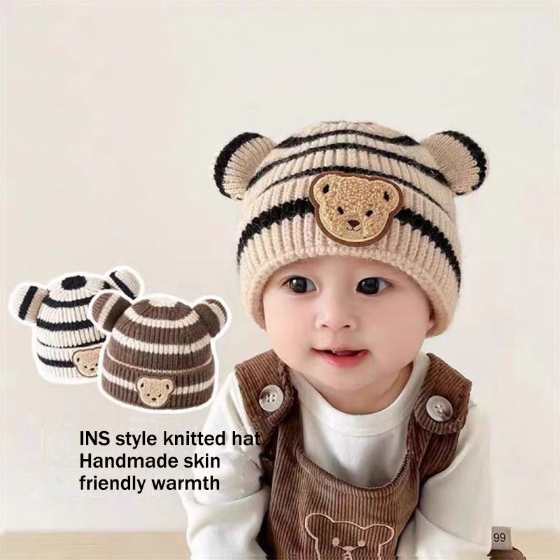 Mũ len MICHLEY họa tiết kẻ sọc hình gấu dễ thương phong cách Hàn Quốc thời trang thu đông cho trẻ em