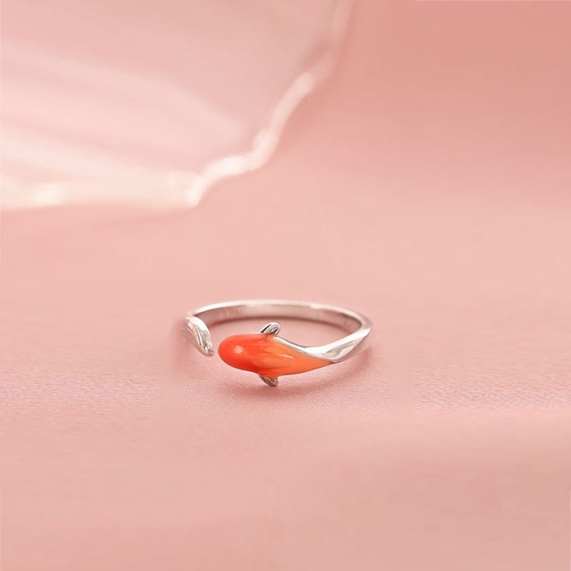 Nhẫn Hở Khắc Hình Cá Koi Đỏ May Mắn Phong Cách Trung Hoa