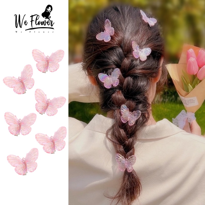 We flower Set 5 Kẹp Tóc Hình Bướm / Nàng Tiên Cá Màu Hồng Bóng Bẩy Thời Trang Dành Cho Nữ
