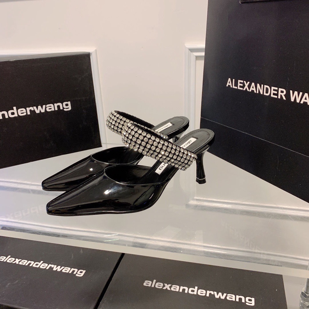 ALEXANDER WANG Giày Cao Gót Mũi Nhọn Bằng Da Thật Đính Đá Thời Trang Cho Nữ