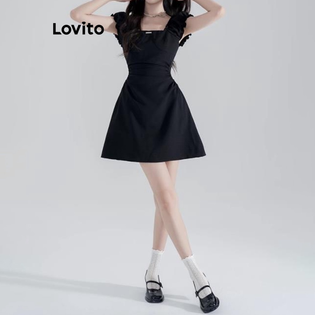 Đầm chữ a ngắn Lovito váy xinh nhẹ nhàng xếp nếp viền nhún bèo màu trơn thường ngày cho nữ LNA20065