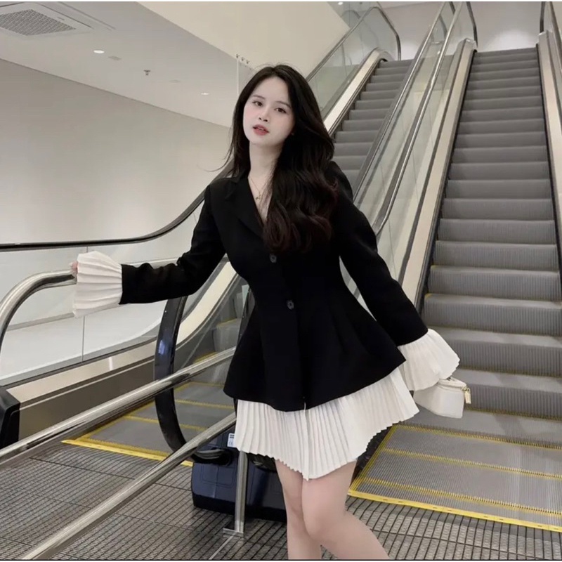 Váy Vest Đen Phối Dập Ly Trắng Hàng 2 Lớp Có Độn Vai Sang Chảnh