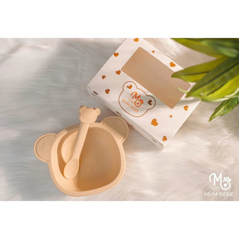 SET BÁT GẤU KÈM THÌA SILICON MUMBEBE CHO BÉ ĂN DẶM CÓ ĐẾ HÍT CHỐNG LẬT