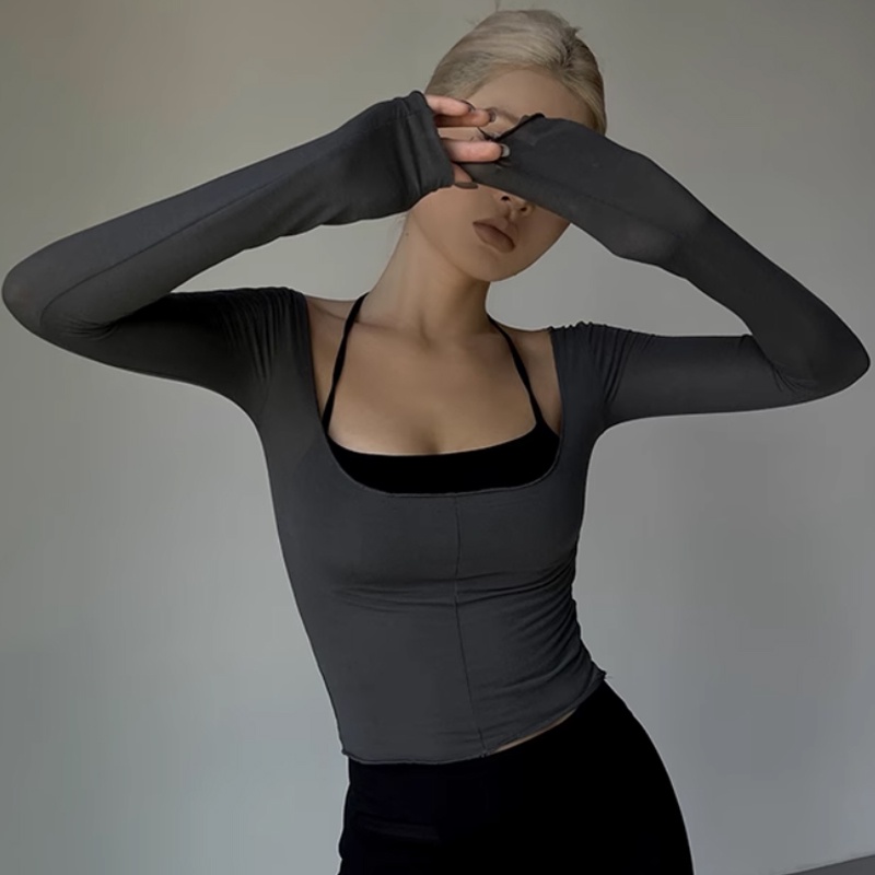 Áo Thun Thể Thao Dài Tay Ôm Dáng Có Dây Đeo Cổ Cho Nữ