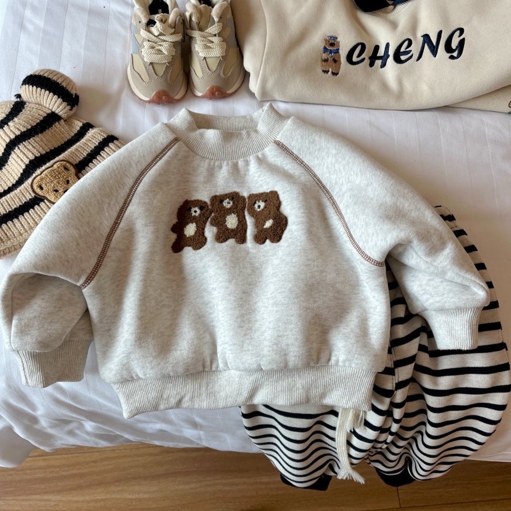 Áo Nỉ Tay Dài Cổ Tròn In Hình Gấu Hoạt Hình Phong Cách Hàn Quốc Dễ Phối Đồ Thời Trang Thu Đông Cho Bé Gái