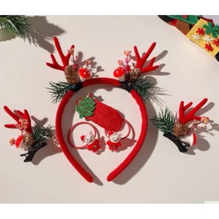 Hộp phụ kiện tóc kết hợp cài tóc phong cách giáng sinh noel cho bé gái, kẹp tóc sừng hươu đính nơ đỏ