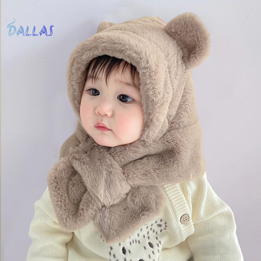 Mũ Len Mềm Dày Dặn Màu Trơn Kèm Khăn Choàng Chống Lạnh Thời Trang Mùa Đông Cho Bé