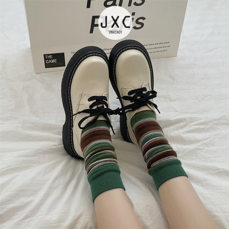 JINxCHOYGiày Da pu Mũi Tròn Đế Dày Buộc Dây Chéo Phong Cách Pháp Cổ Điển Thời Trang Cho Nữ