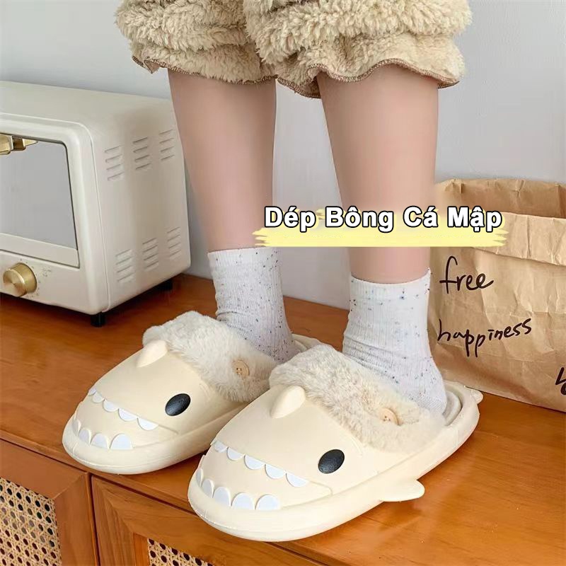 Dép bông đi trong nhà cute ấm áp và không thấm nước họa tiết cá mập dễ thương - 4 màu có sẵn