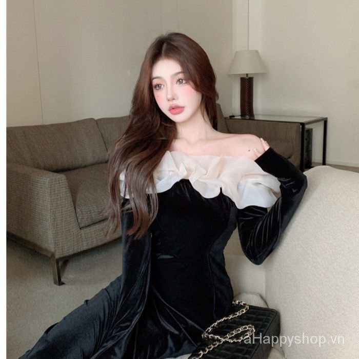Đầm Nhung Đen Tay Dài Hở Vai Phong Cách Pháp Thời Trang Quyến Rũ Cho Nữ