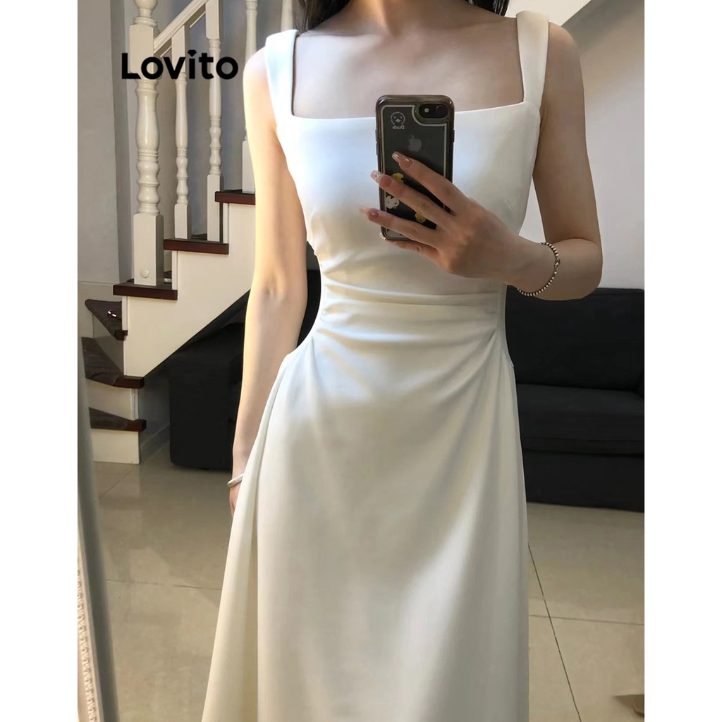 Lovito Váy xếp nếp trơn đơn giản cho nữ LNE26051 (Trắng/Xanh)