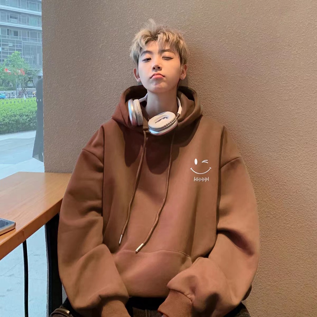 Áo Hoodie Nhung Dày Dặn In Hình Mặt Cười Màu Bạc Phong Cách hong kong Thời Trang Thu Đông Mới Cho Nam Và Nữ