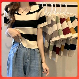  Áo len thun QC Montoghi CỔ ĐỨC V SỌC BẢN TO tay ngắn