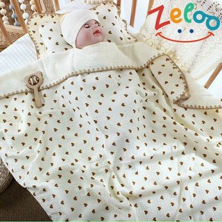 Chăn mền muslin organic sơ sinh viền zic zac Zeloo 110x100cm cao cấp