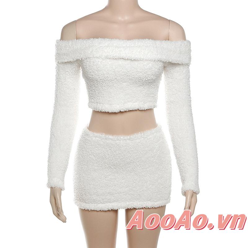 Set Áo Croptop Trễ Vai Tay Dài + Chân Váy Ngắn 2 Dây Màu Trơn Thời Trang Cho Nữ