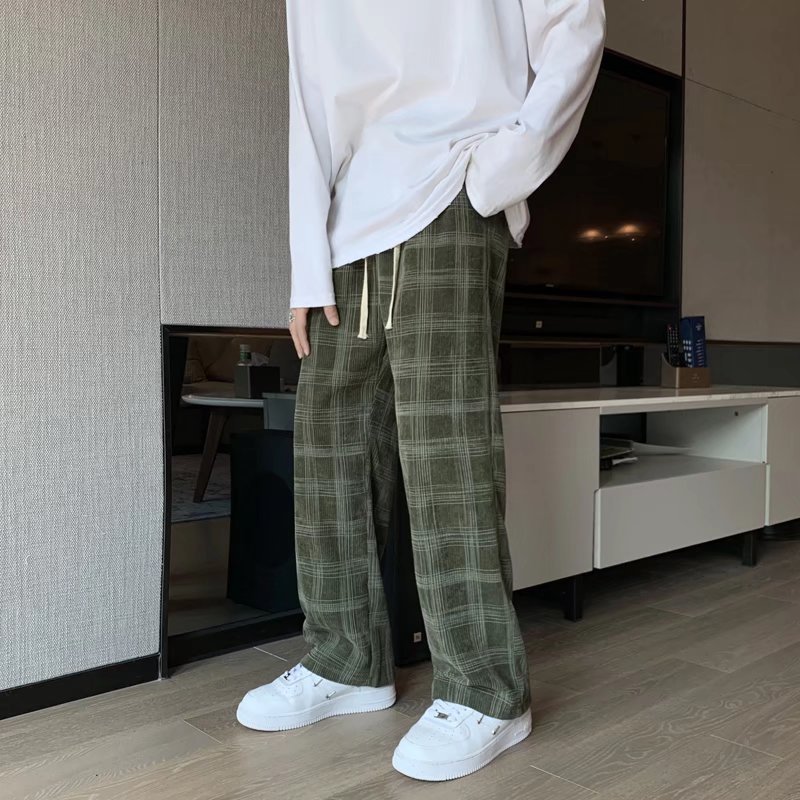 Quần Nhung Kẻ Sọc Ca Rô Ống Suông Rộng Thời Trang vintage Anh Quốc Dành Cho Nam