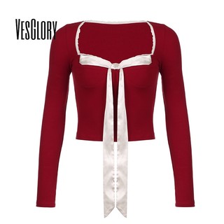 VesGlory Nữ Crop Top Thời Trang Mới Màu Sắc Tương Phản Dài Tay Cổ SquareSlim Fit