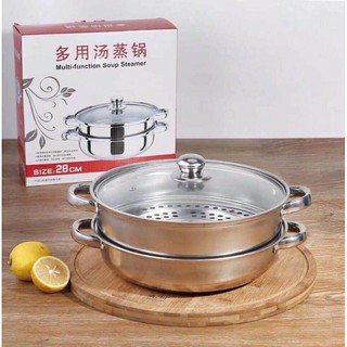 Nồi hấp 2 tầng inox kèm xửng hấp inox- nồi lẩu inox 304 28cm - nồi hấp 2 tầng 28cm, nắp đậy thủy tinh
