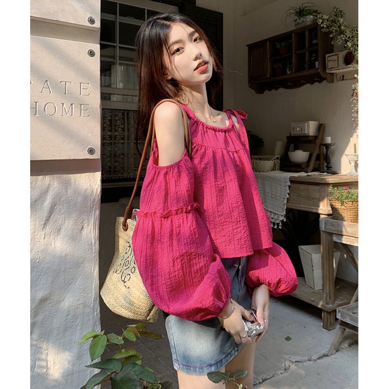 Áo Kiểu Trễ Vai Tay Phồng Màu Đỏ Hồng Thời Trang Xuân Hè Xinh Xắn Cho Nữ