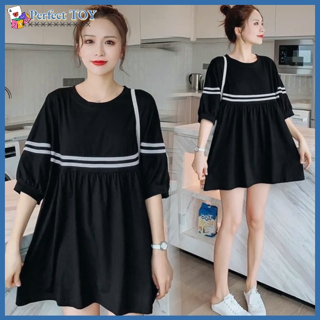 Sf Đầm Thun Ngắn Tay Dáng Rộng Họa Tiết Kẻ Sọc Màu Tương Phản Thời Trang Cho Mẹ Bầu