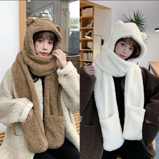 Bộ ba chiếc mũ gấu cực dày dành cho nữ mùa đông sang trọng mũ khăn quàng cổ có mũ trùm đầu