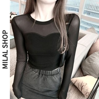Áo Thun Tay Dài Cổ Tròn Phối Lưới Mềm Mại Ôm Dáng Thời Trang Cho Nữ