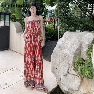Stylehubto 8012 # Bộ Áo Liền Quần Lưng Cao Màu Đỏ Phong Cách bohemian
