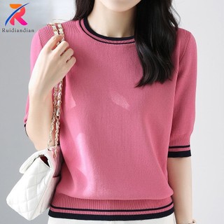 Áo Thun Lụa Lạnh Dáng Rộng Cổ Tròn Tay Lửng Màu Khối Thời Trang Cho Nữ