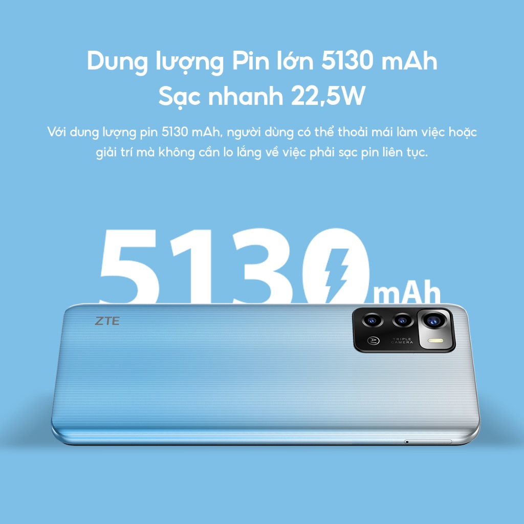 Điện Thoại ZTE Blade A72 | 5GB(3GB+2GB)/128GB | 6.75'' HD+ | 90HZ | 5130mAh - 22.5W | 3 Camera | Hàng Chính Hãng