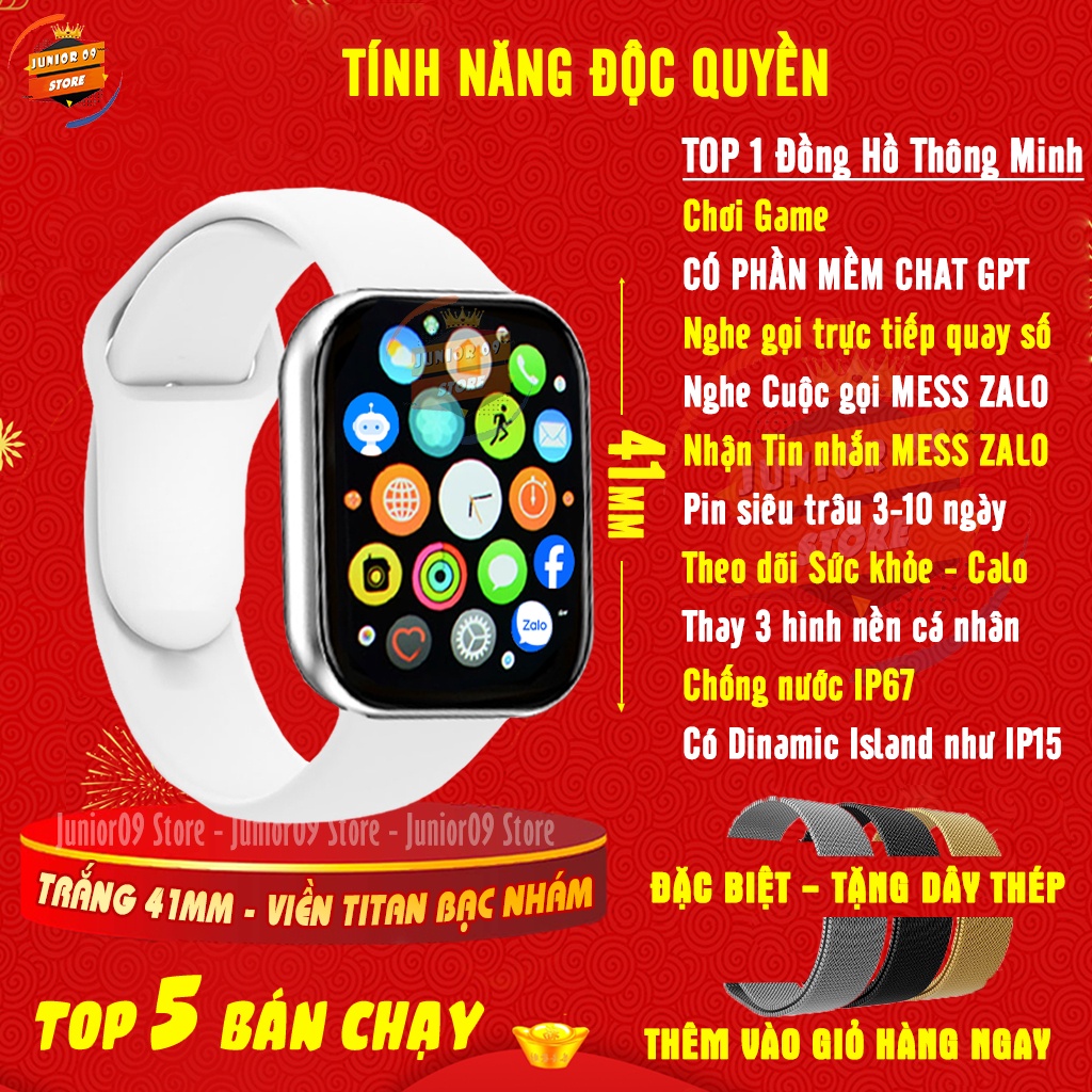 Đồng hồ thông minh JUNIOR09 WATCH 9, Smartwatch Nghe gọi, Zl - Mess, Chơi game, GPT AI, Nhịp tim, Chống nước (TặngChibi)