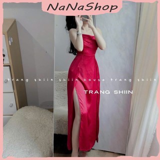 Đầm maxi dự tiệc chất vải tuyết nhung mềm mịn mát thiết kế hai dây đính đá xếp ly ngực xẻ tà cao tôn dáng